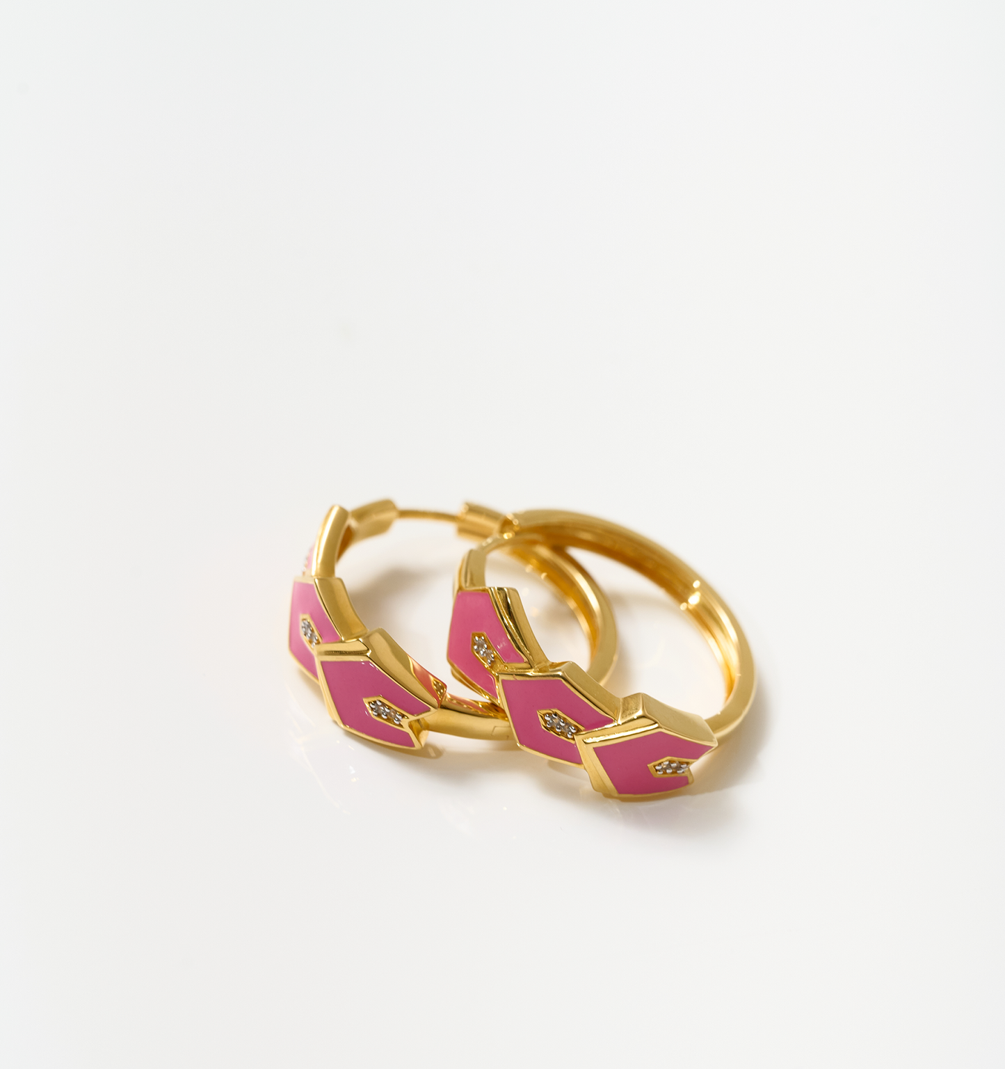 Gulzar Petal Dew gold-plated hoops with pink enamel petals and white topaz accents