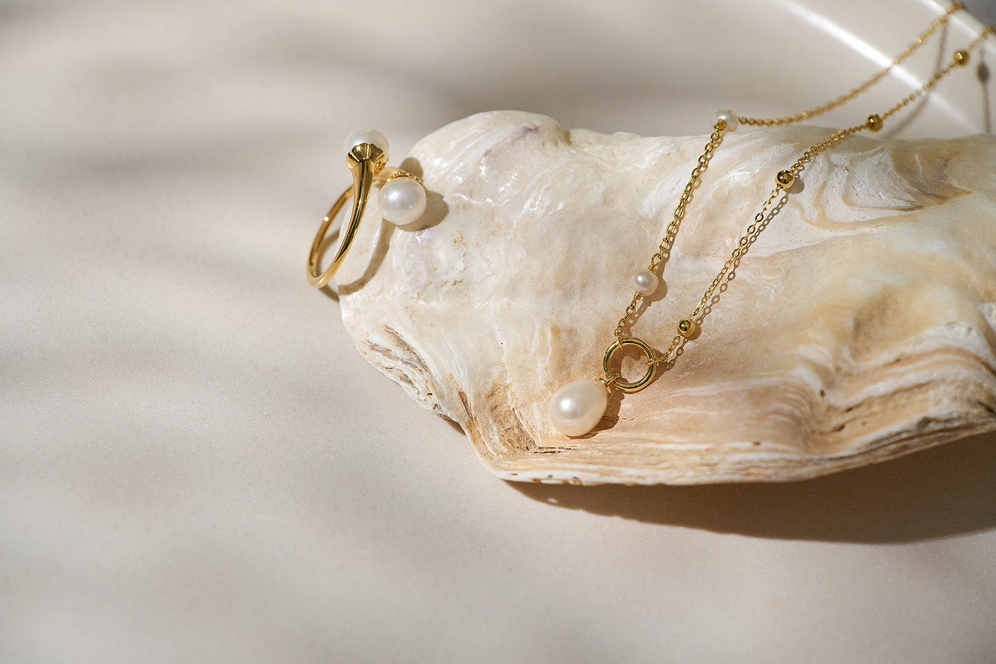 Argha Necklace featuring a pearl in a golden circle pendant on a delicate chain displayed on a shell