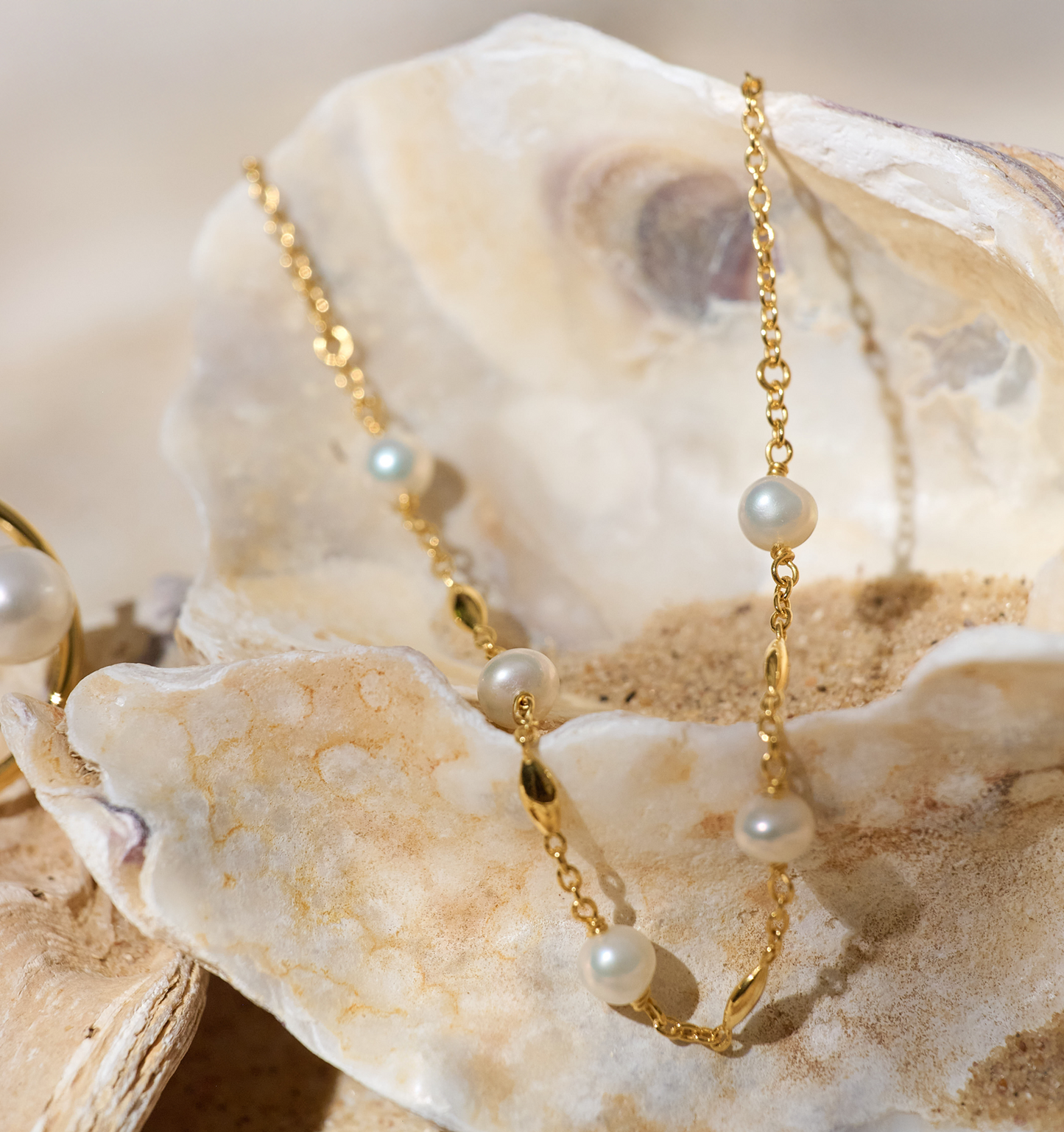 Manjari Necklace with five pearls and gold chain displayed on seashell background