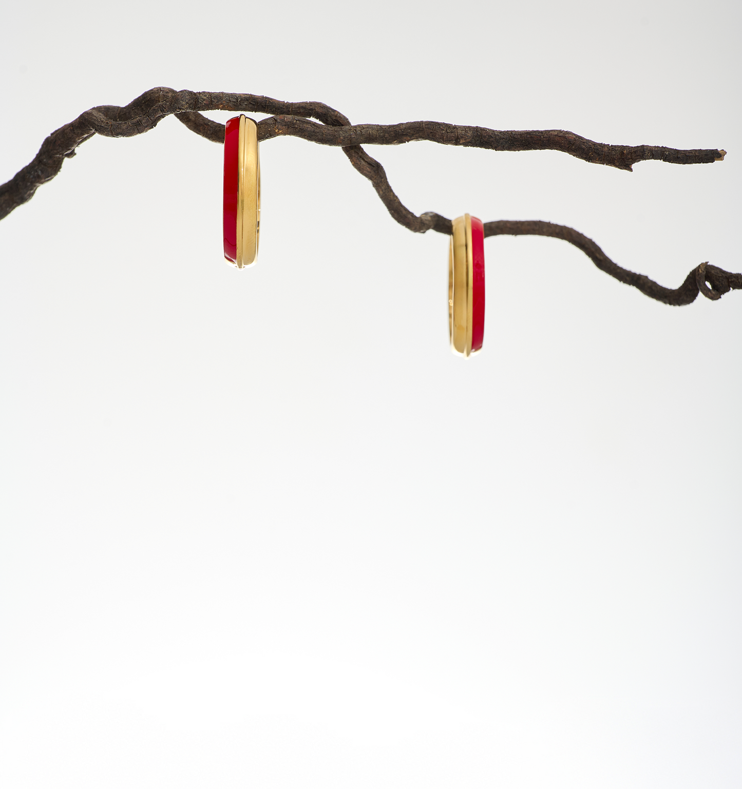 Rati Hoop earrings with deep red enamel and gold detailing on a branch display