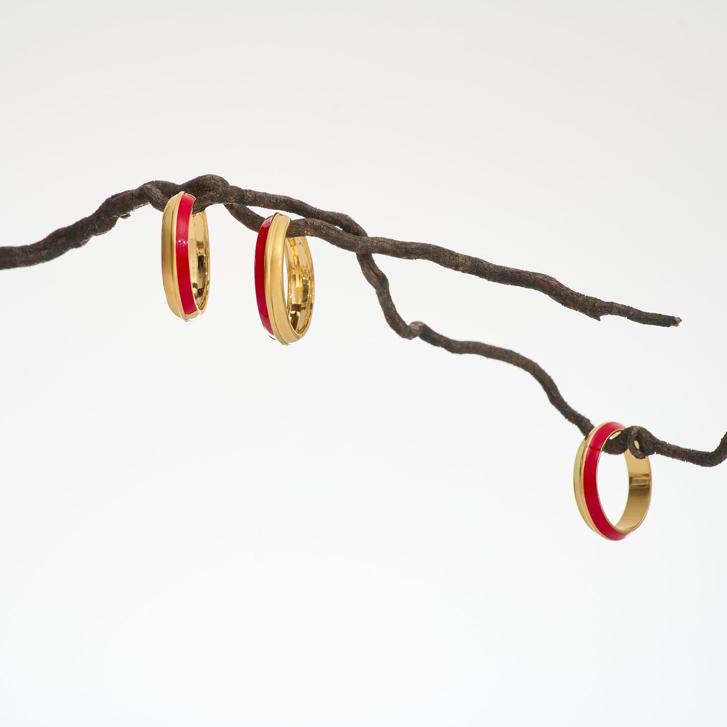 Ravya Ring in gold and red enamel displayed on a branch showcasing minimalist elegant jewelry design
