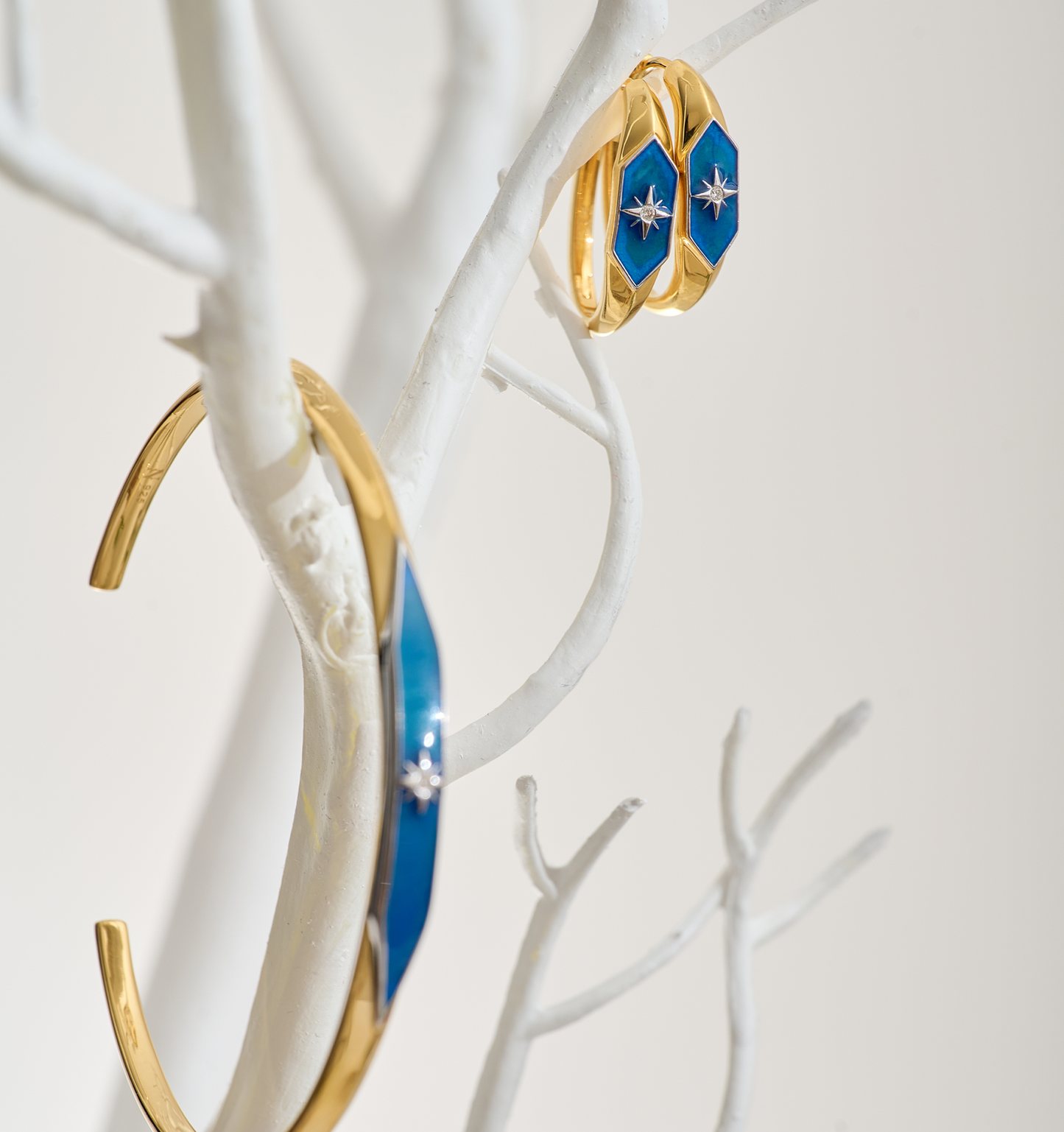 Gold and blue Lumira Hoops with star design displayed on white branches