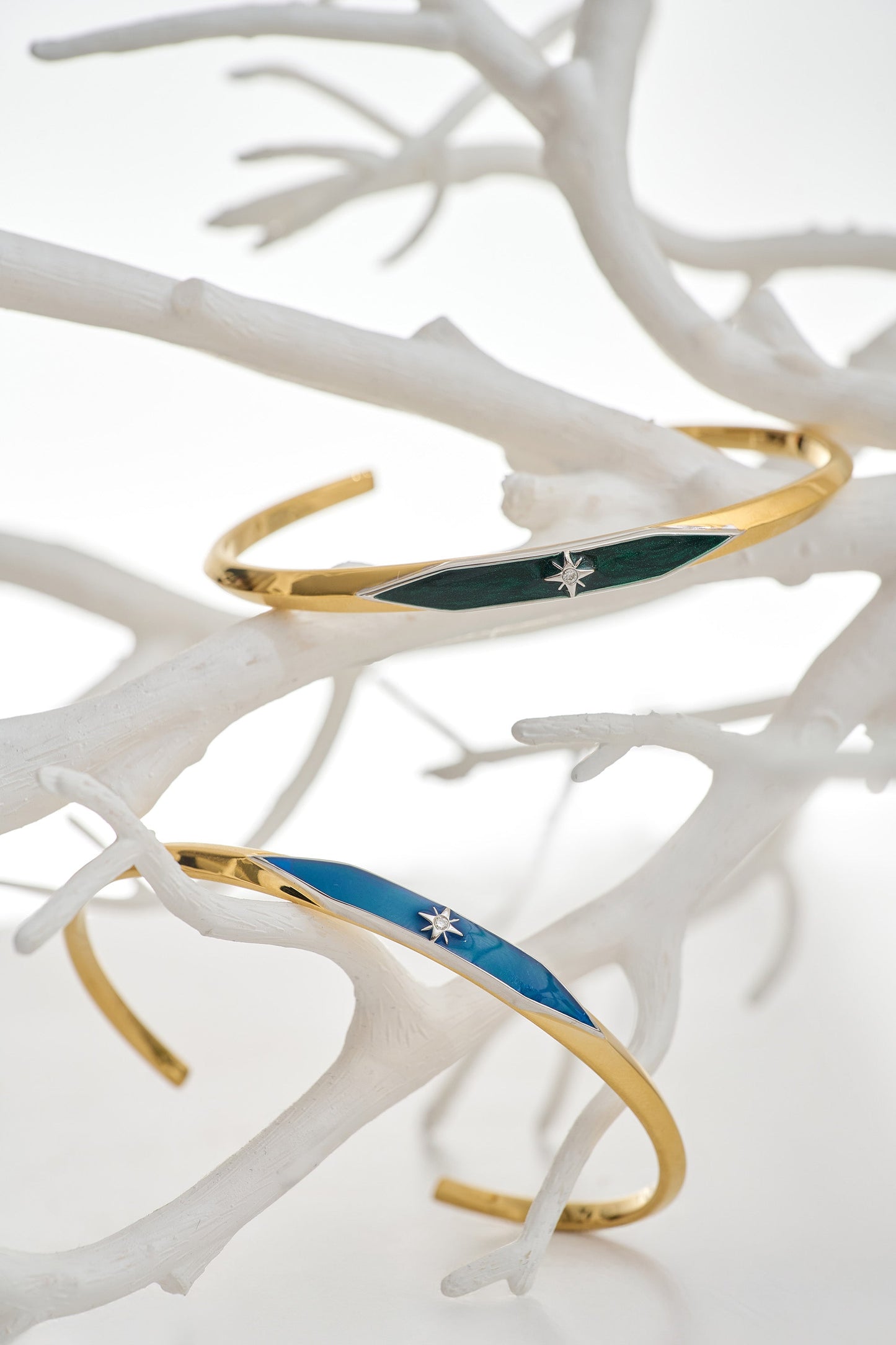Two Naksha Cuff bracelets with gold bands and deep colored enamel accented by a single diamond displayed on a white branch background