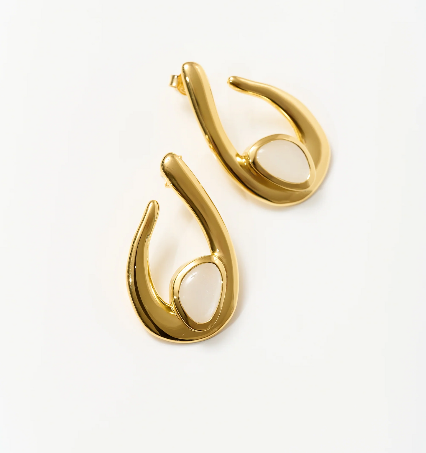 Lunara Earrings gold sculptural design with white moonstone centerpiece elegant jewelry