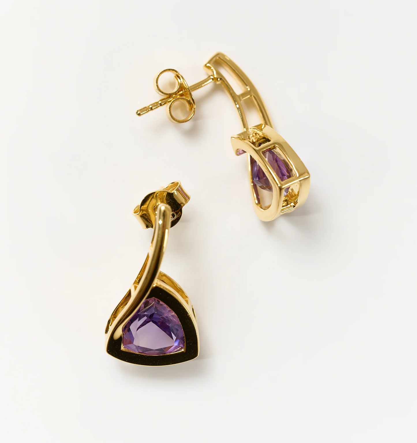 Gold Samya Earrings with purple amethyst gemstones in a minimalist design