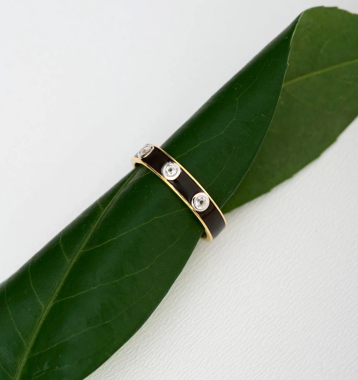 Trikaala Ring with white stones on black band resting on a green leaf