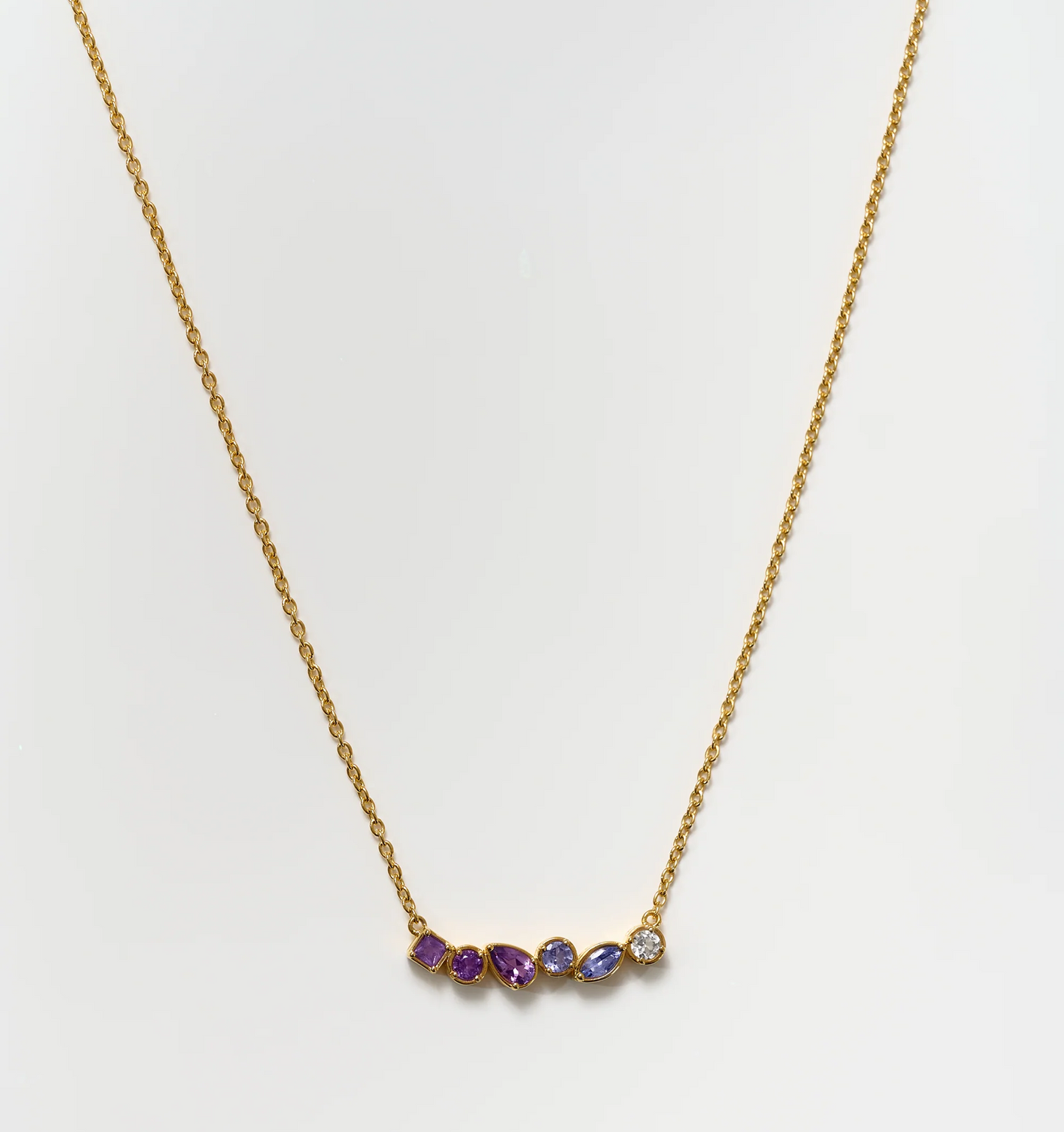 Raag Necklace gold chain with amethyst, tanzanite, and topaz gemstones pendant