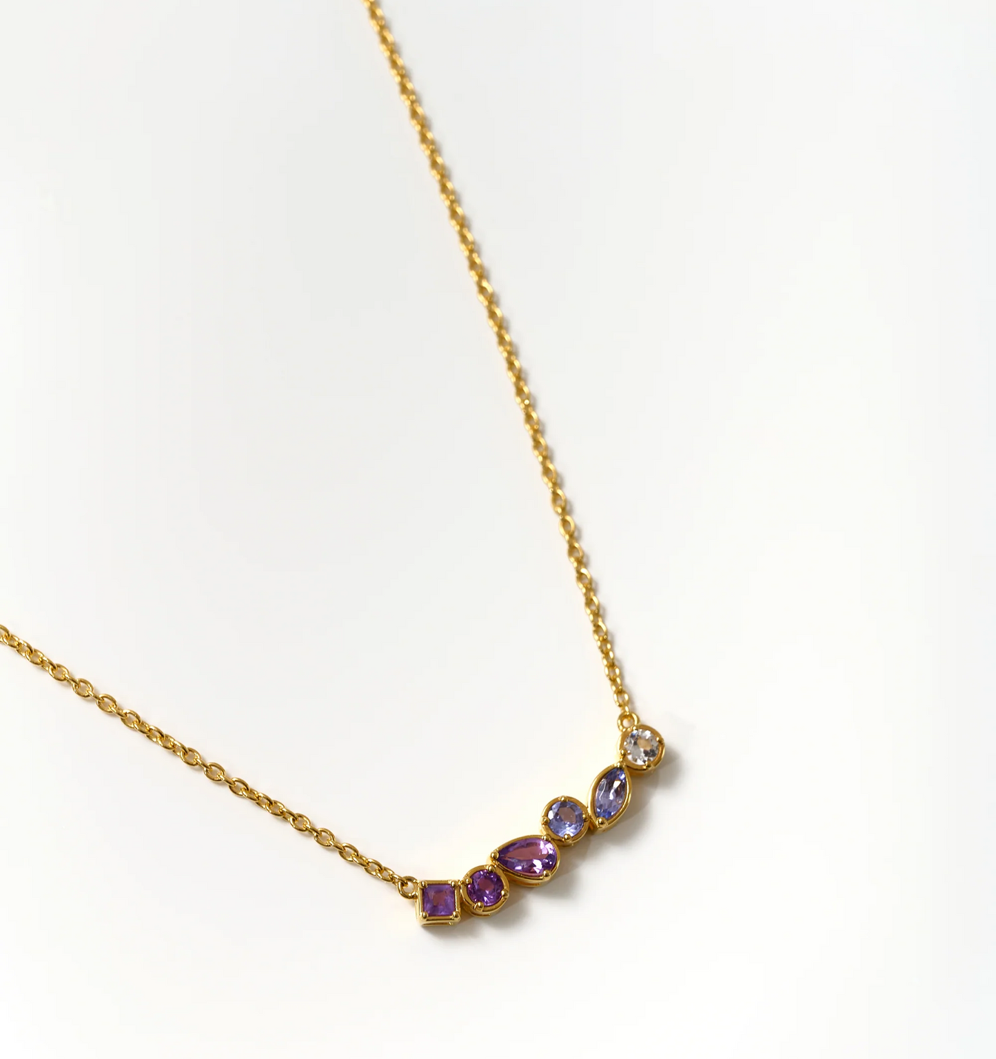 Raag Necklace featuring amethyst, tanzanite, and topaz stones in gold chain.