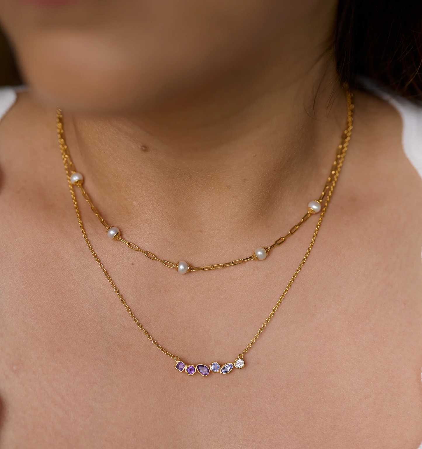 Raag Necklace with amethyst, tanzanite, and topaz gemstones in gold chain