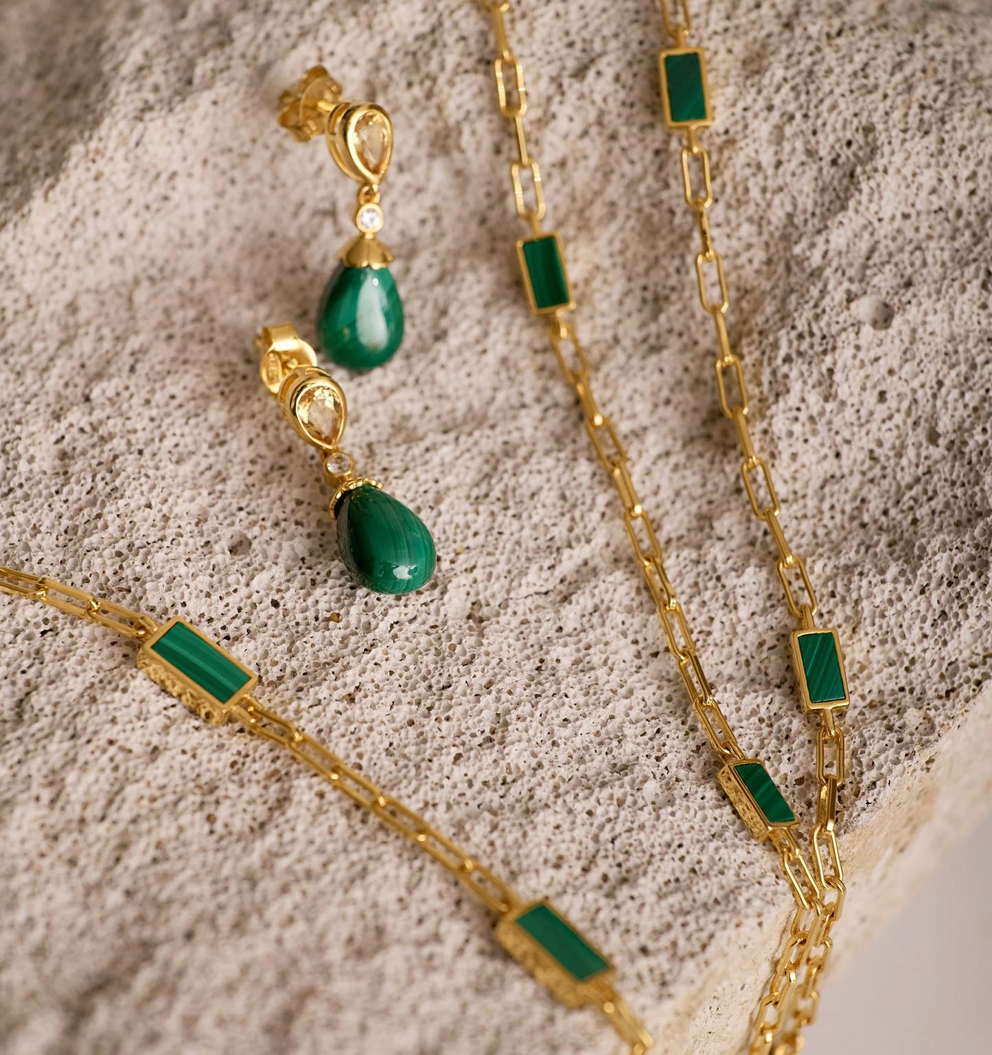 Tarang Necklace with seven green malachite stones and gold chain for heart chakra balance and protection