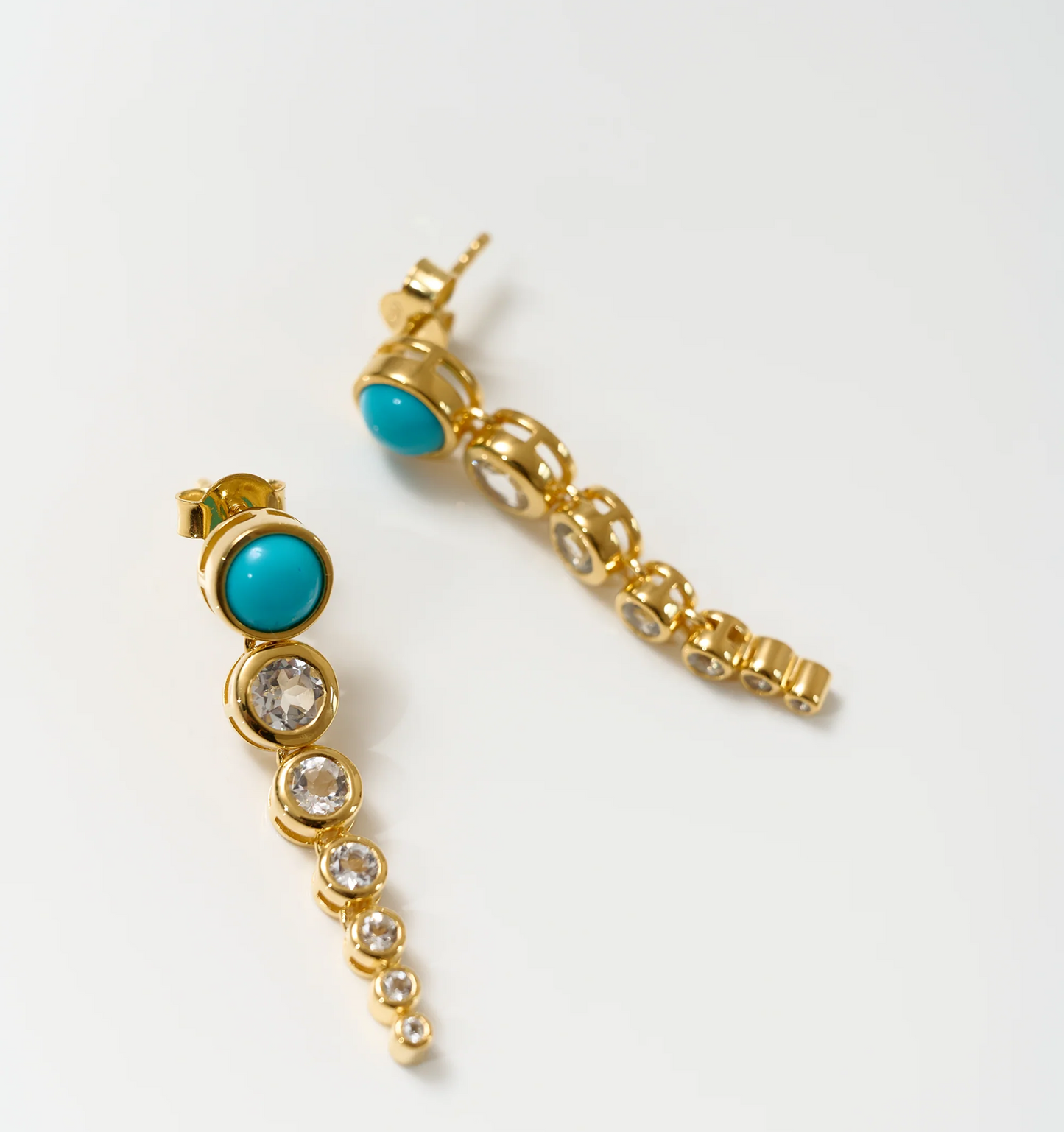 Samaara Earrings with Sleeping Beauty turquoise and white topaz in gold setting, elegant and radiant design