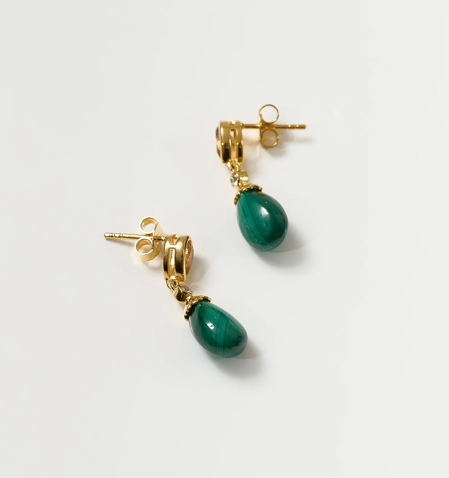 Gold Triya Earrings with green malachite teardrop stones and small white topaz accents