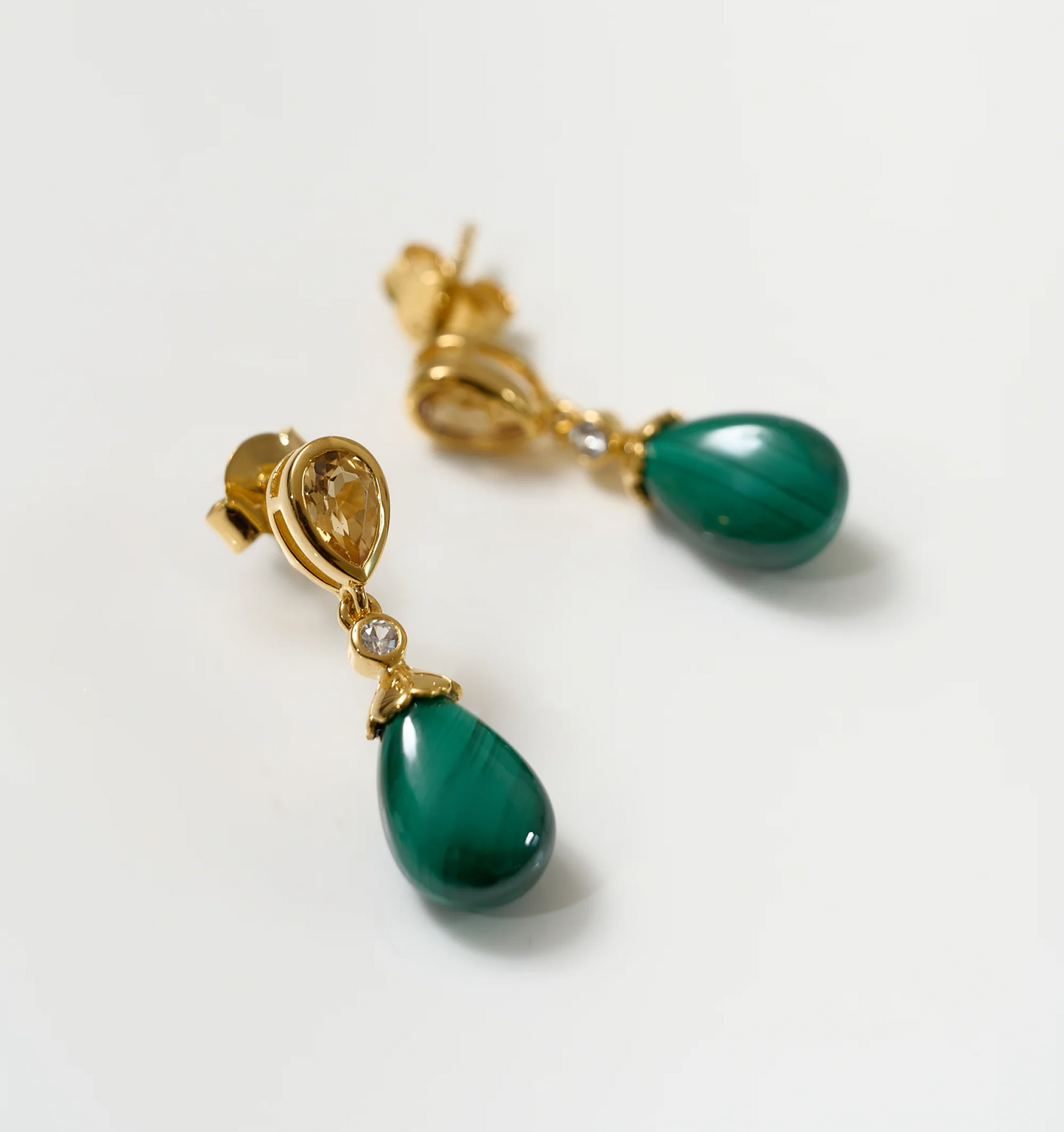 Triya Earrings with citrine, white topaz, and malachite teardrop gemstones in gold setting