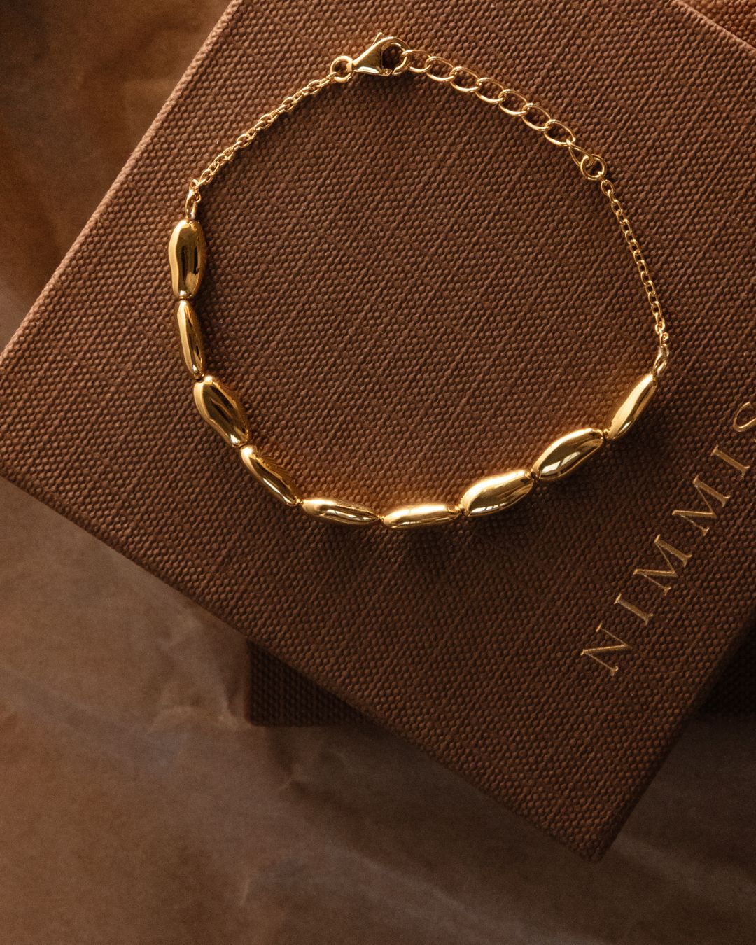 Close-up of Beeja Bracelet with softly sculpted gold links forming a continuous rhythm