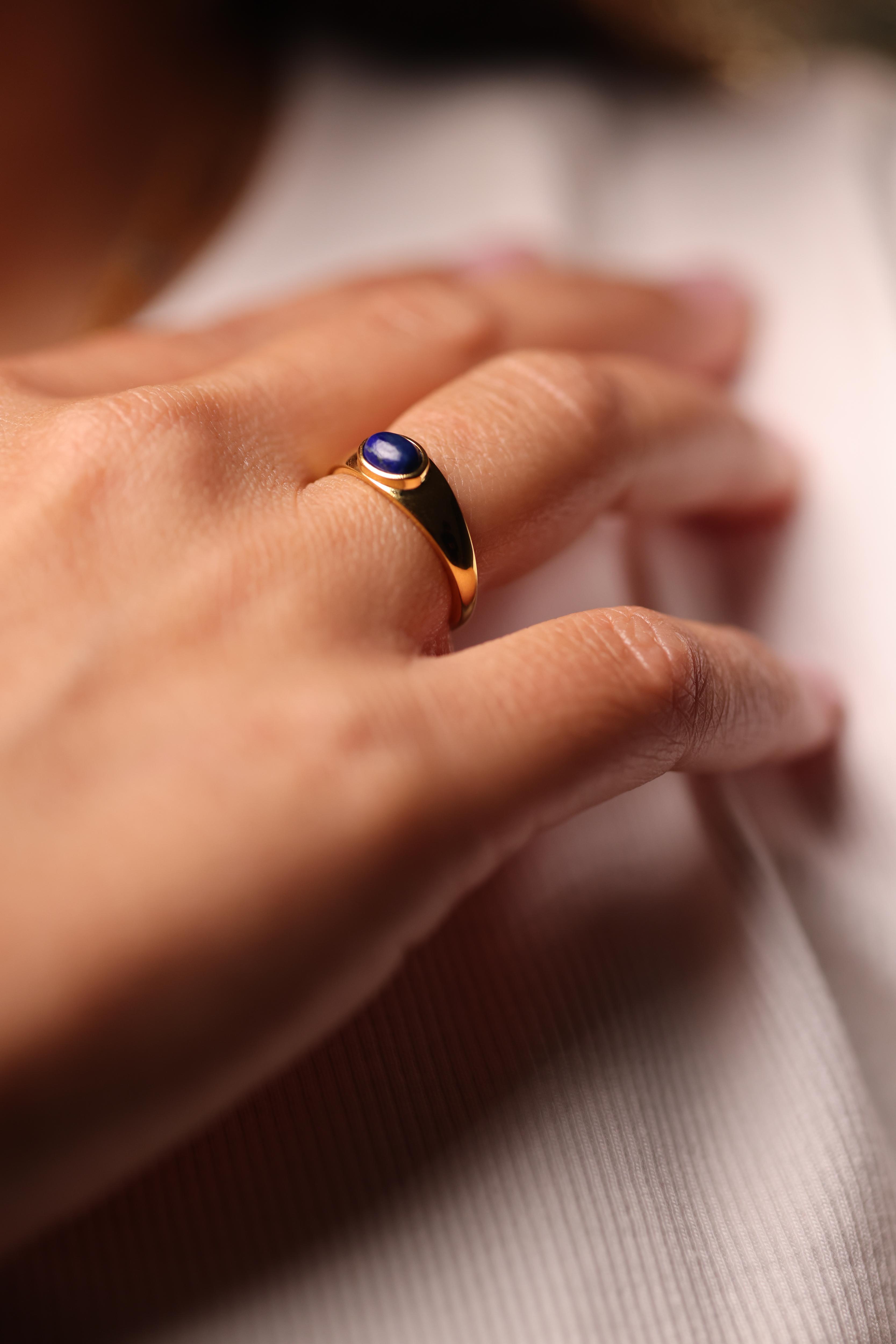 Neela Ring gold signet with smooth deep blue lapis lazuli stone for bold everyday confidence