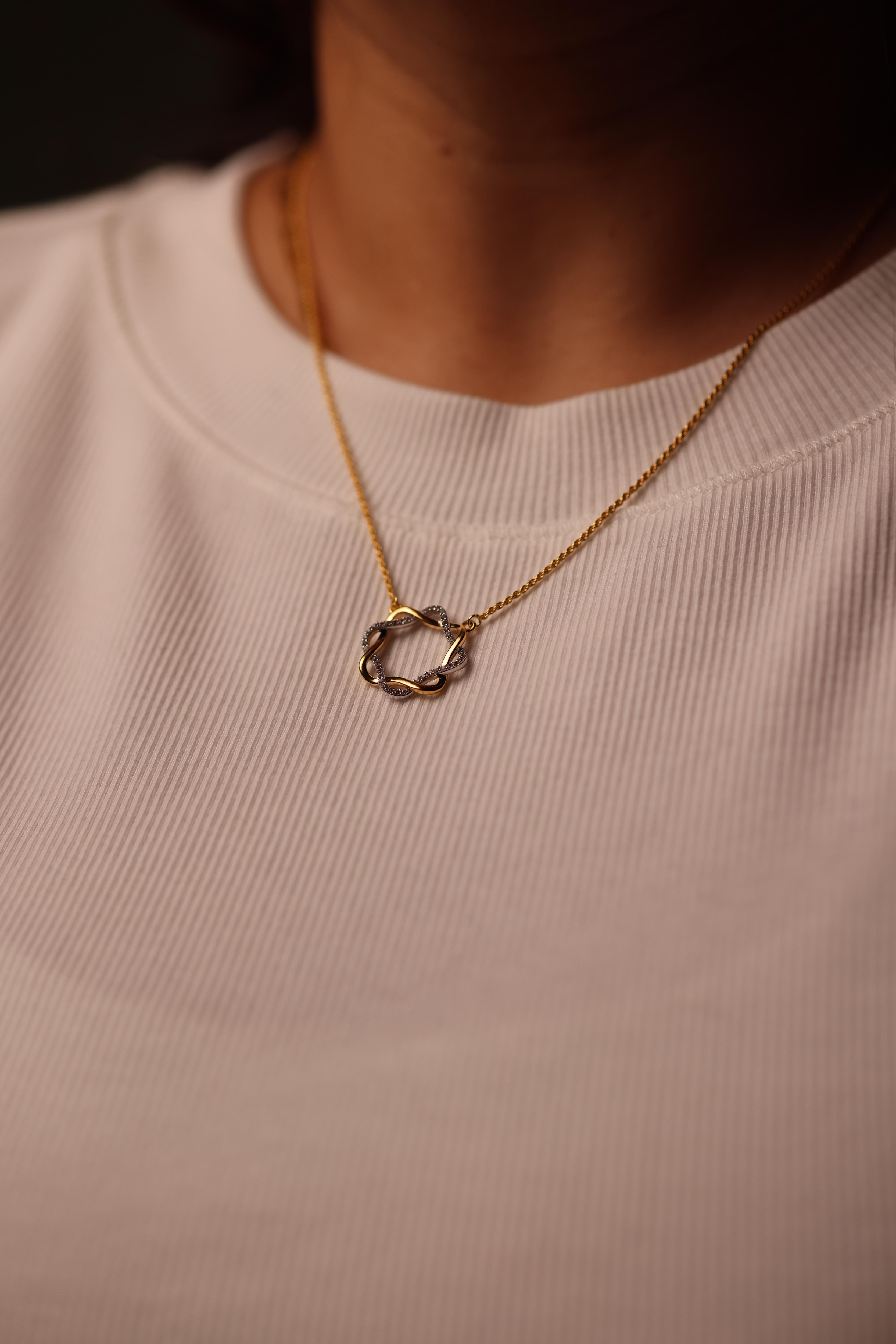 Mandala Necklace with white topaz stones in a modern circular design symbolizing clarity and harmony