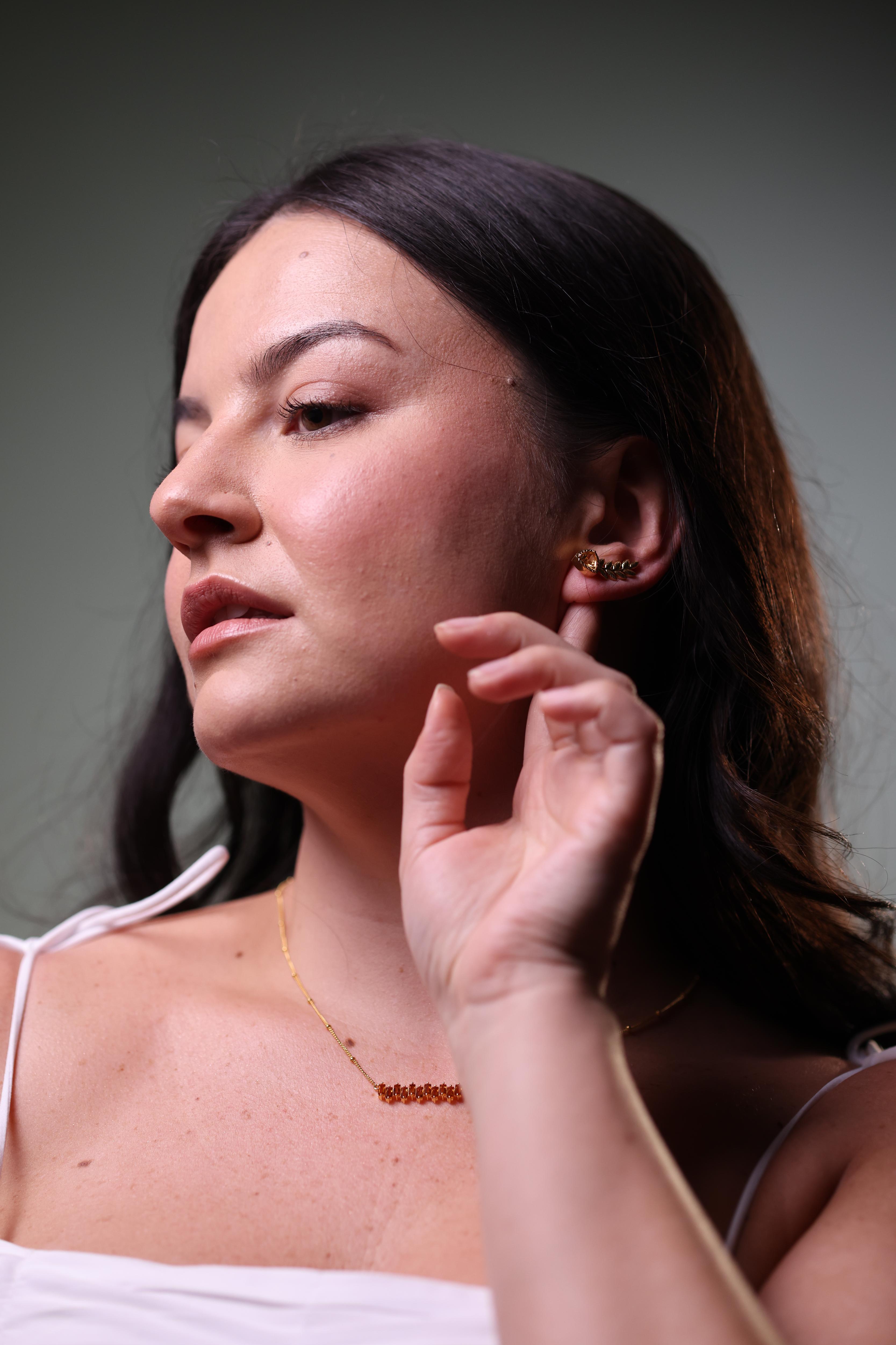 Palvi Earrings featuring trillion brilliant cut citrine with leaf-inspired organic silhouette