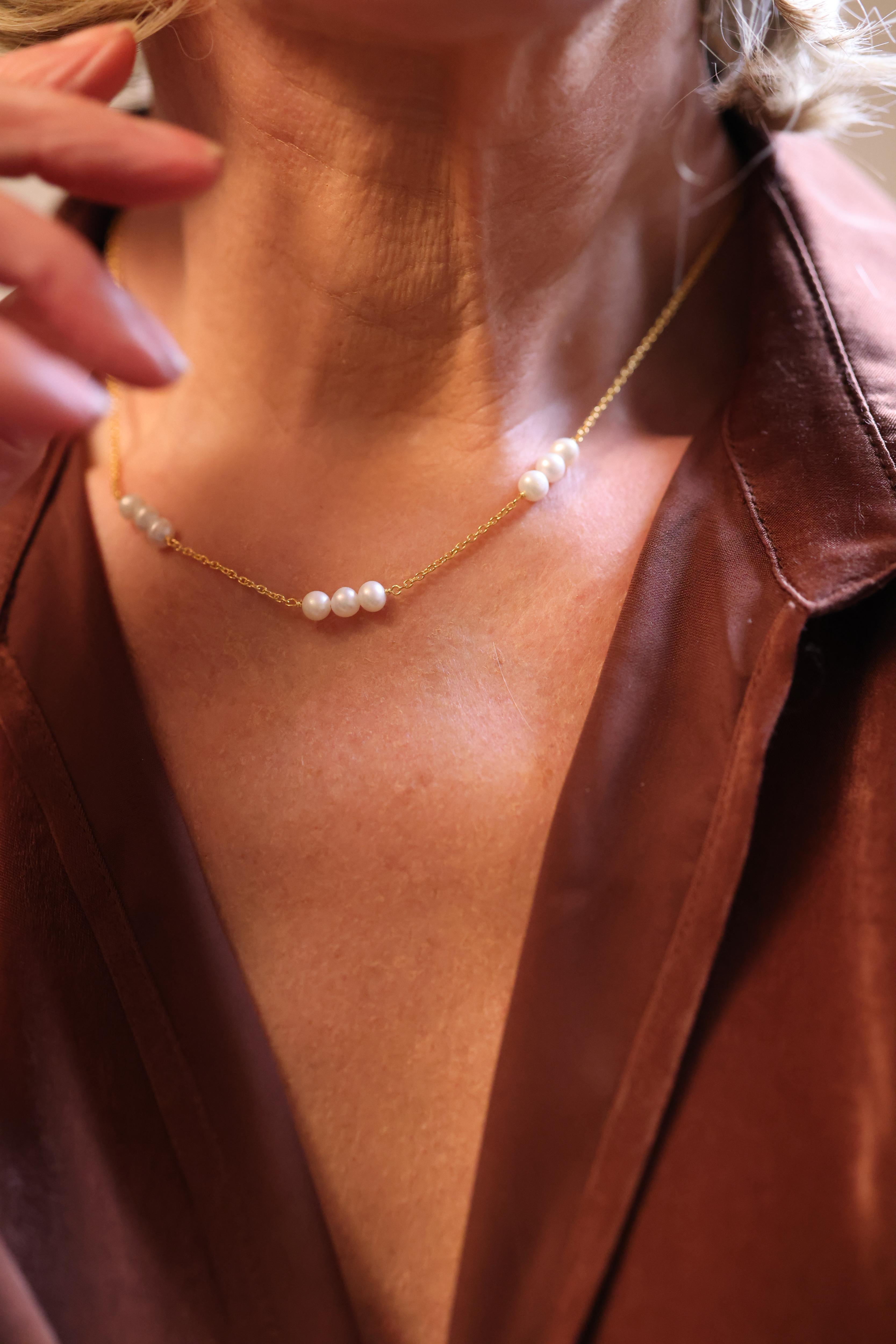 Navya Necklace with nine pearls arranged in balanced groups of three, showcasing modern classic elegance