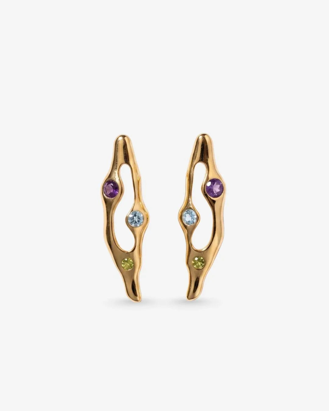 Gold Ankura earrings with irregularly spaced stones on a single stem design