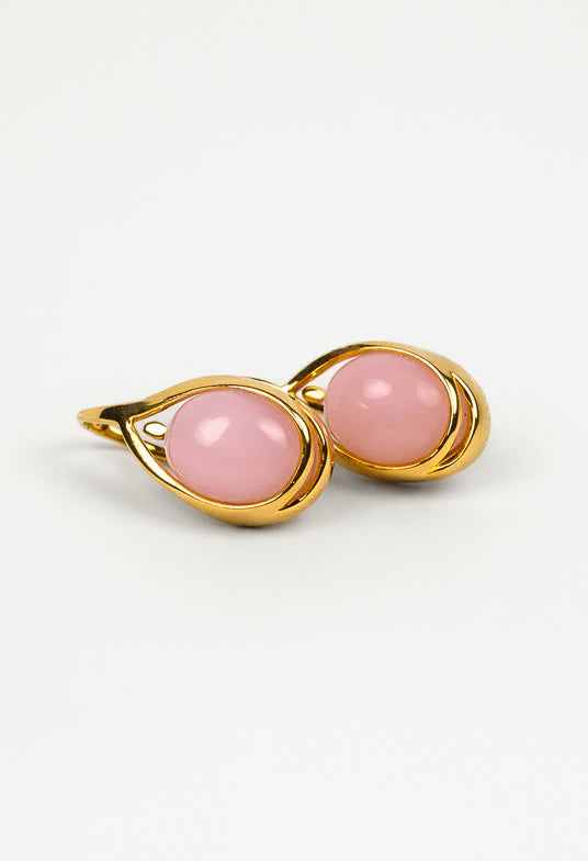 Anvi Earrings with oval cabochon pink opal stones in a modern refined setting