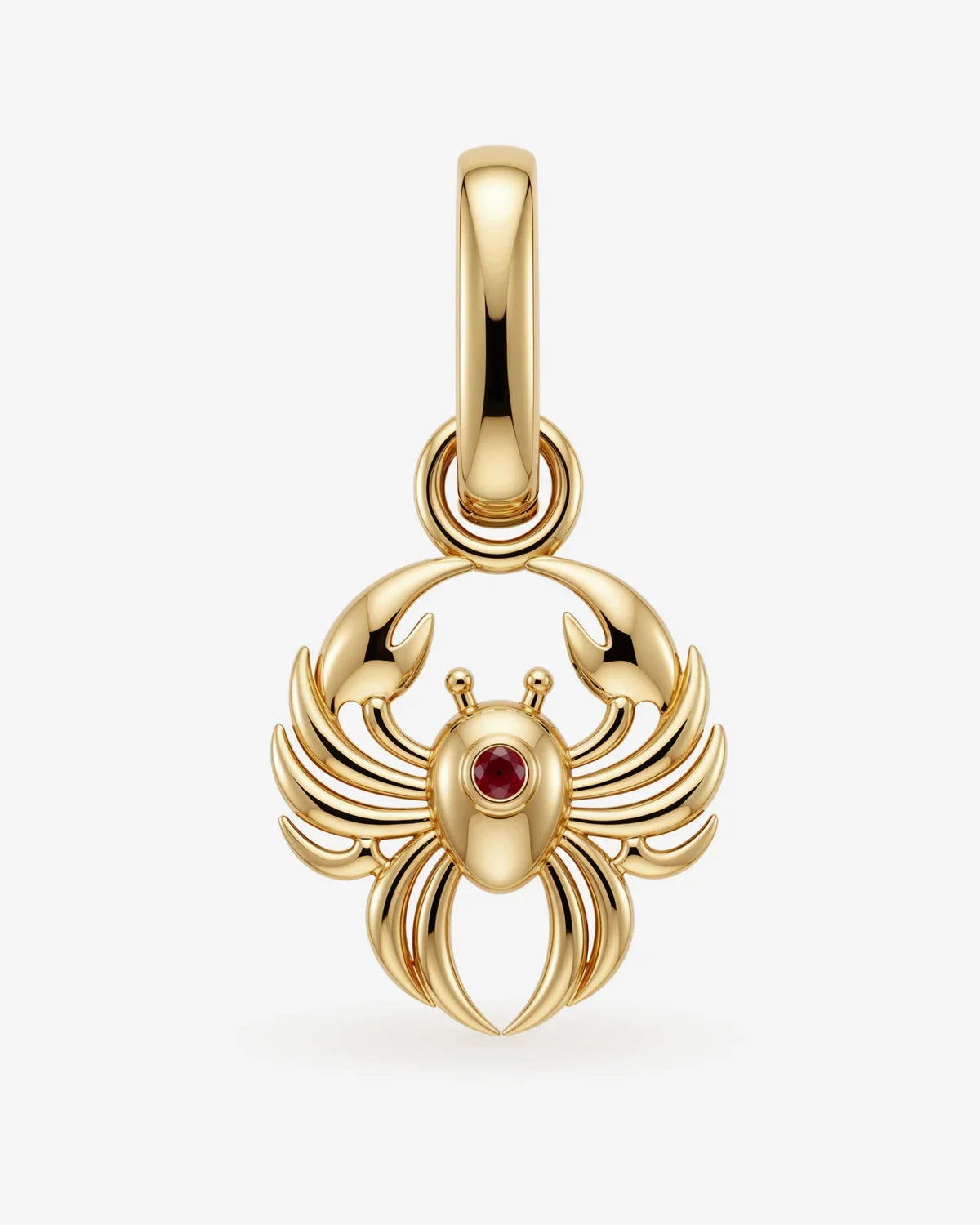 Cancer – Karka zodiac sign represented by a protective crab with a moon symbol and ruby gemstone