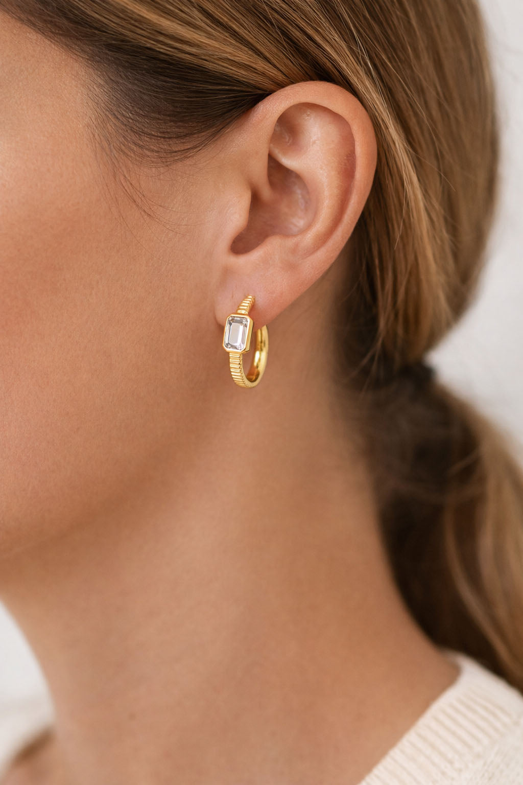 Shuddhi Huggies sculptural earrings with faceted white topaz in geometric setting