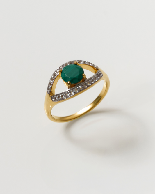 Saena Ring gold with green gemstone and diamond accents symbolizing protection and intuition