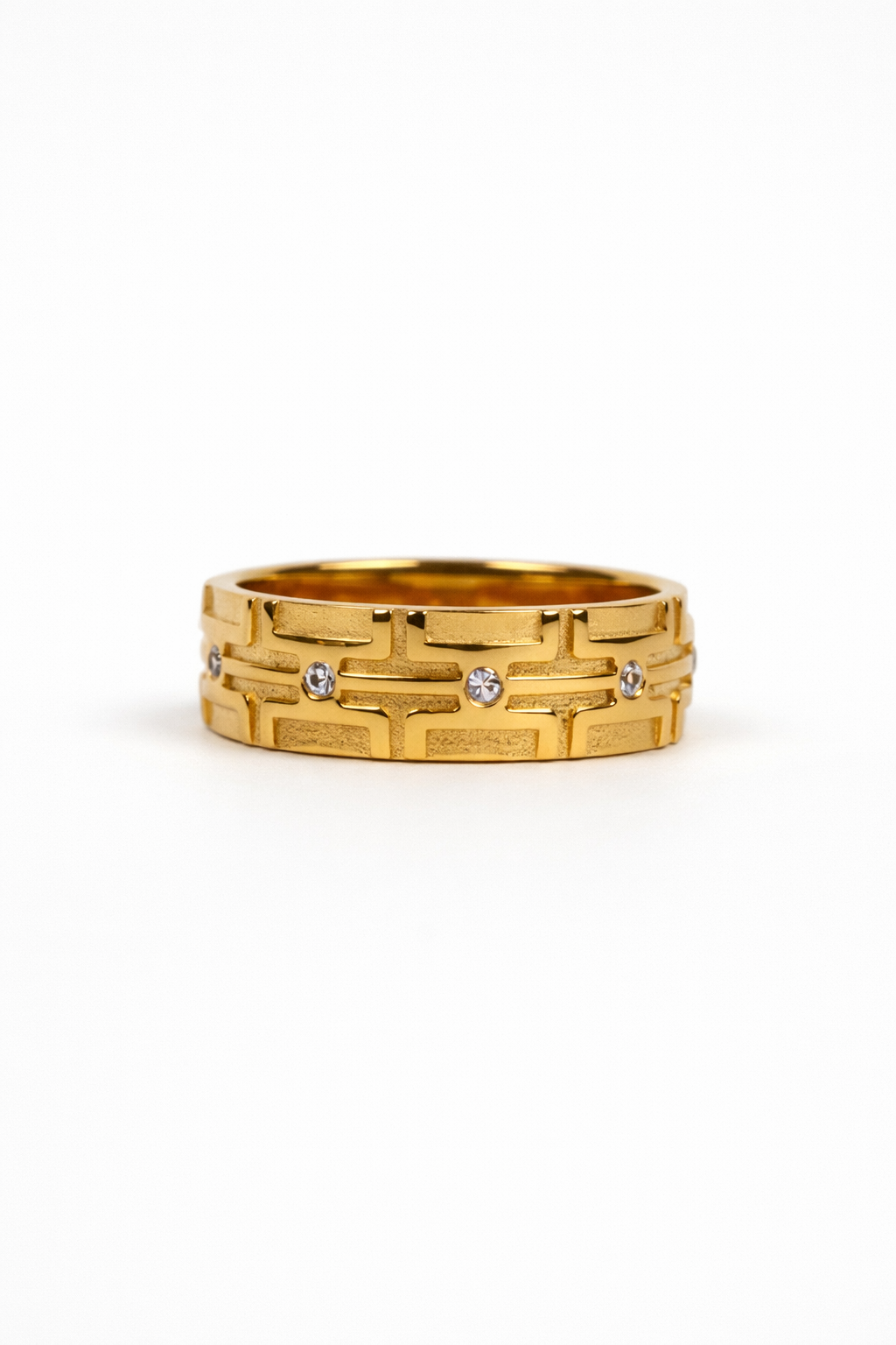 Jharokha Ring with white topaz in perforated band inspired by Indian palace jali windows in gold and silver