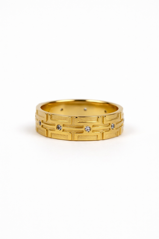 Elegant Jharokha Ring with white topaz inspired by Indian palace jali windows in gold and silver