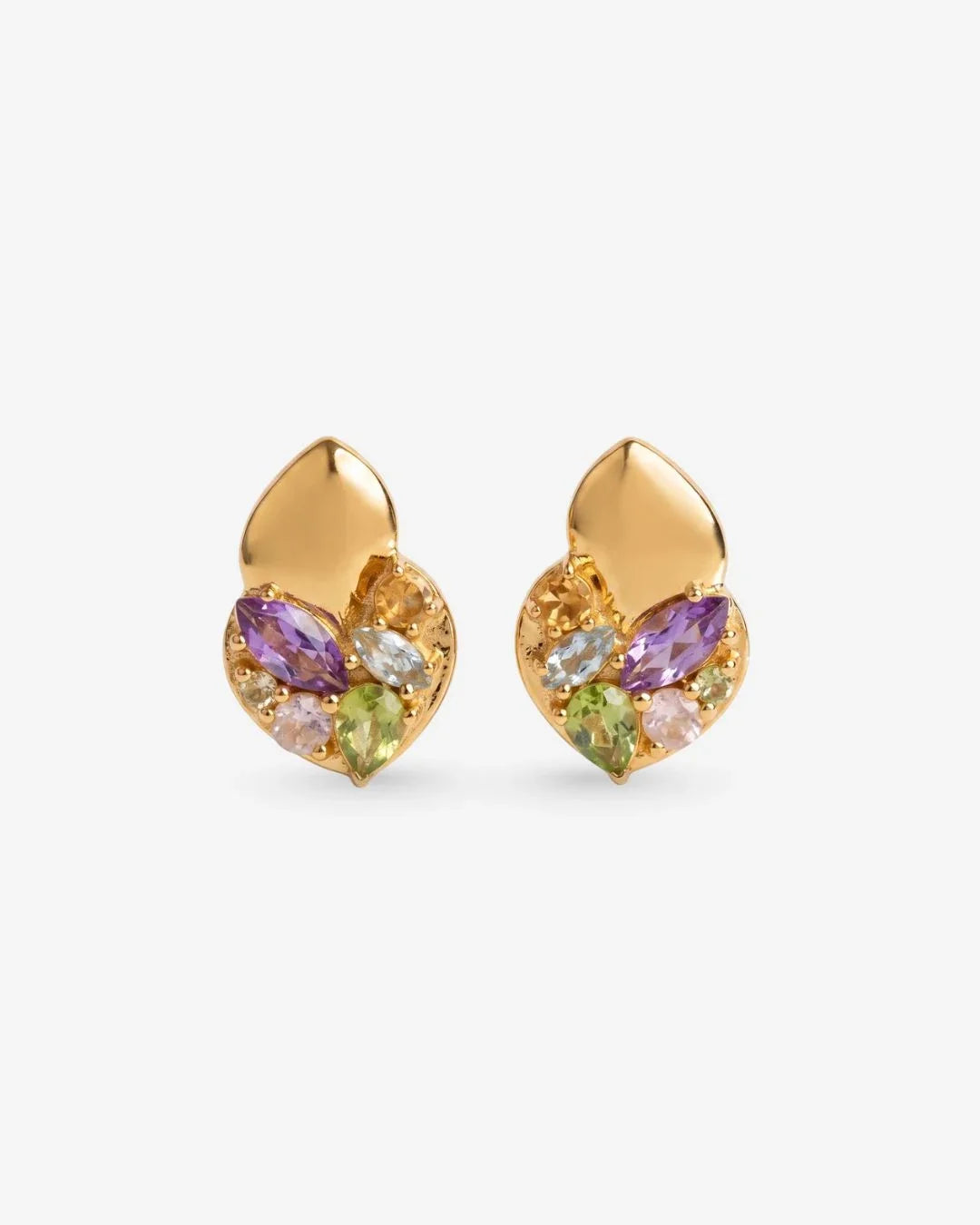Kamal Earrings lotus design with amethyst, peridot, and aquamarine petals viewed from above