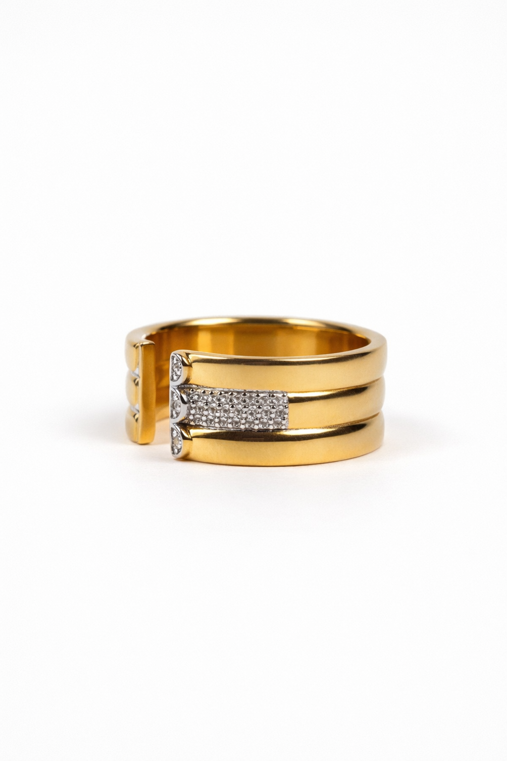 Kona Ring with white topaz and two-tone architectural band showcasing modern design and metal contrast