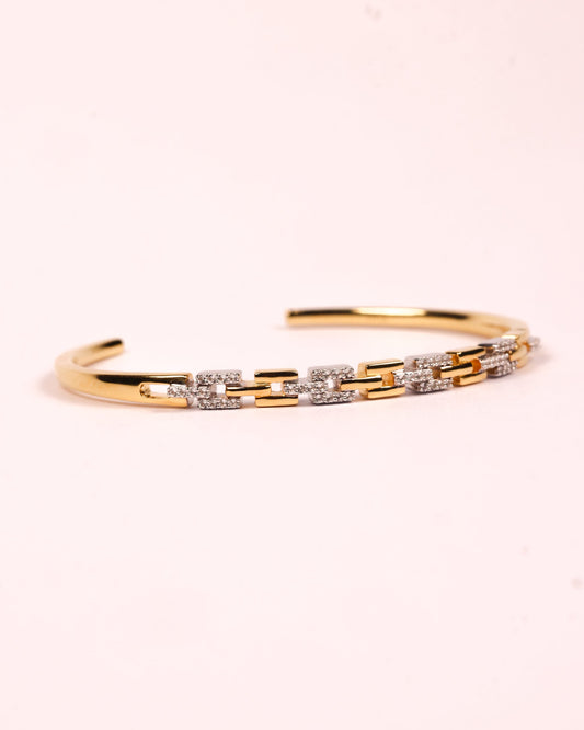 Noura Cuff two-tone gold and silver linked bracelet with 52 stones, modern open bangle design
