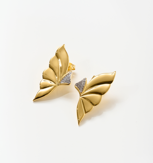 Elara Earrings gold butterfly wing shaped stud earrings with diamond accents on white background