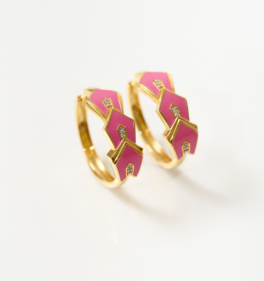 Gulzar Petal Dew gold-plated hoops with pink enamel petals and white topaz accents