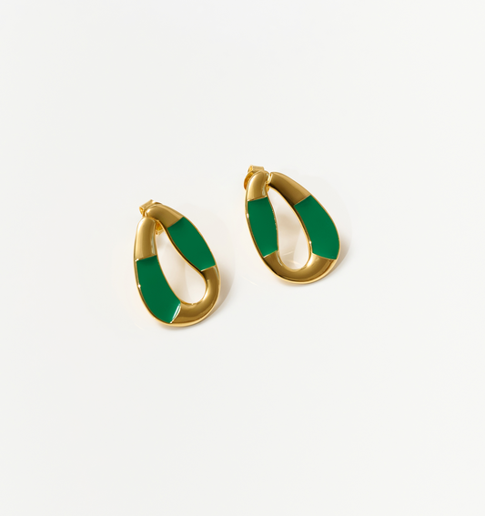 Vana Loop gold earrings with forest green enamel, inspired by nature's rhythm and strength