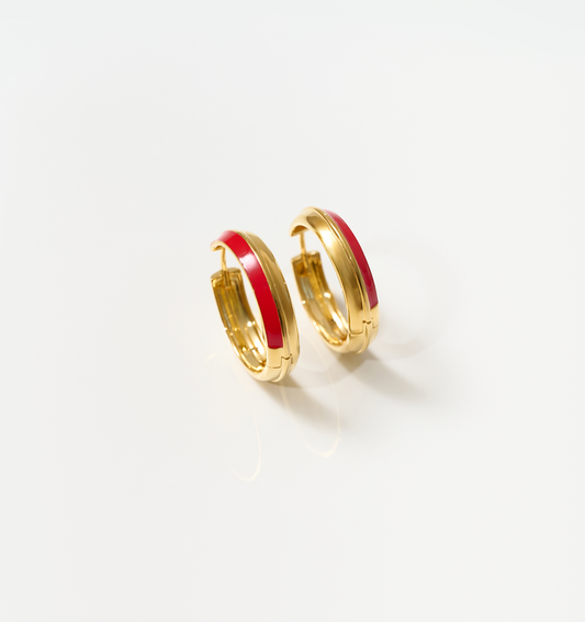 Gold hoop earrings with deep red enamel detailing, Rati Hoop design
