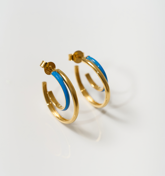 Gold hoop earrings with turquoise enamel detailing, Soma Hoops crescent design