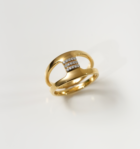 Setu Ring gold with white topaz bridge and two linked arcs symbolizing clarity and connection