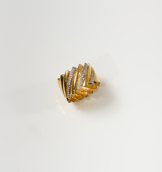 Gold Reya Ring with chevron curves and 42 white topaz stones