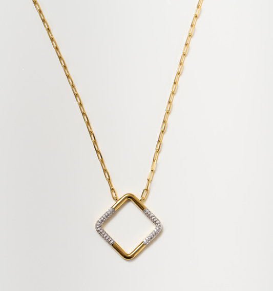 Trayi Necklace gold chain with diamond-studded square pendant and white topaz accents