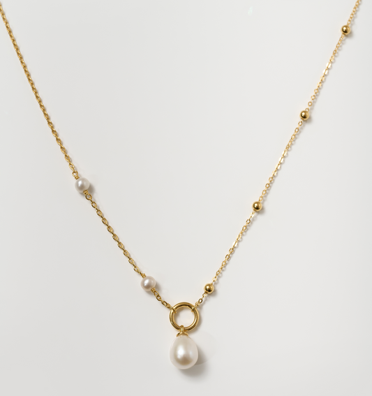 Argha Necklace with pearl pendant and gold chain featuring delicate gold beads