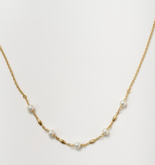 Manjari Necklace with five pearls and gold beads on a delicate gold chain