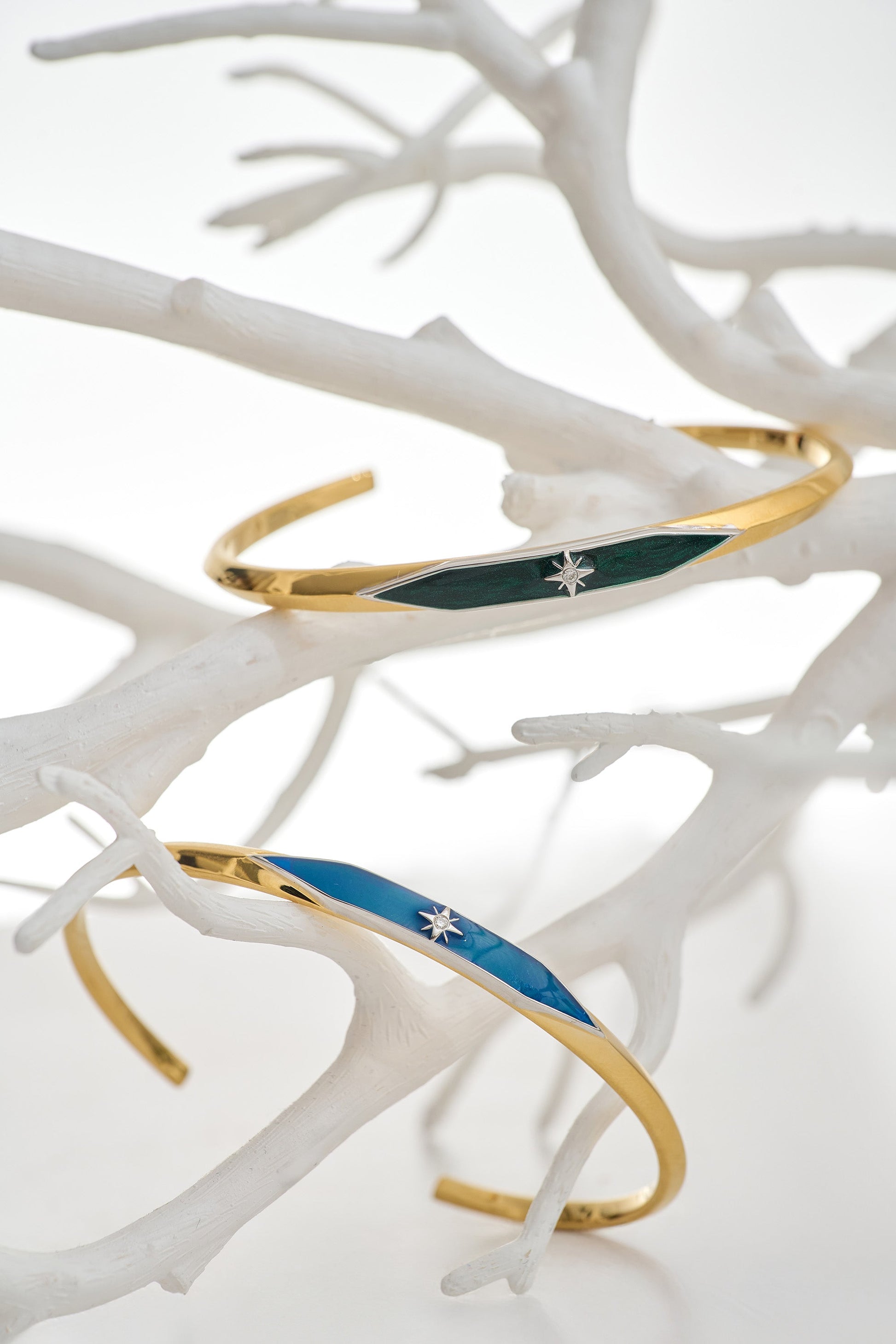 Two Naksha Cuff bracelets with gold bands and deep colored enamel accented by a single diamond displayed on a white branch background