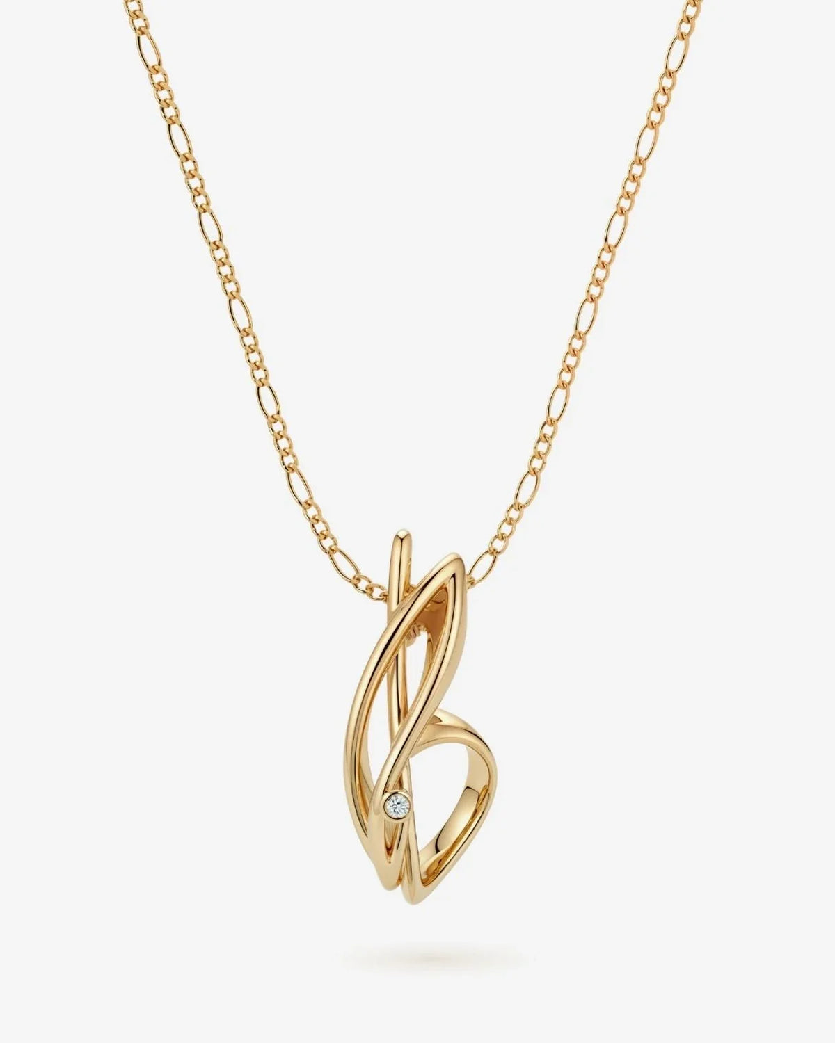 B बी Initial Necklace in gold-tone metal with an intertwined sculptural letter pendant and small clear stone accent.