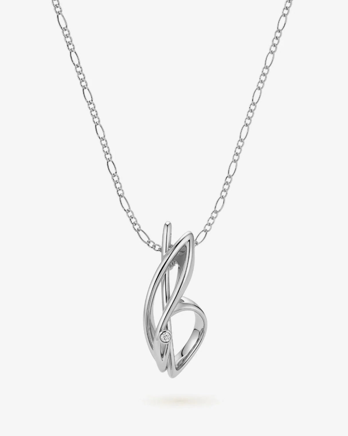 B बी Initial Necklace in polished silver-tone metal, featuring a sculptural intertwined letter pendant with a small clear stone.