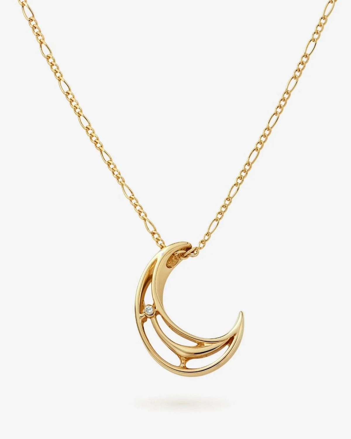 Gold-tone C सी Initial Necklace with a slender chain and polished open crescent-shaped pendant accented by a clear stone.