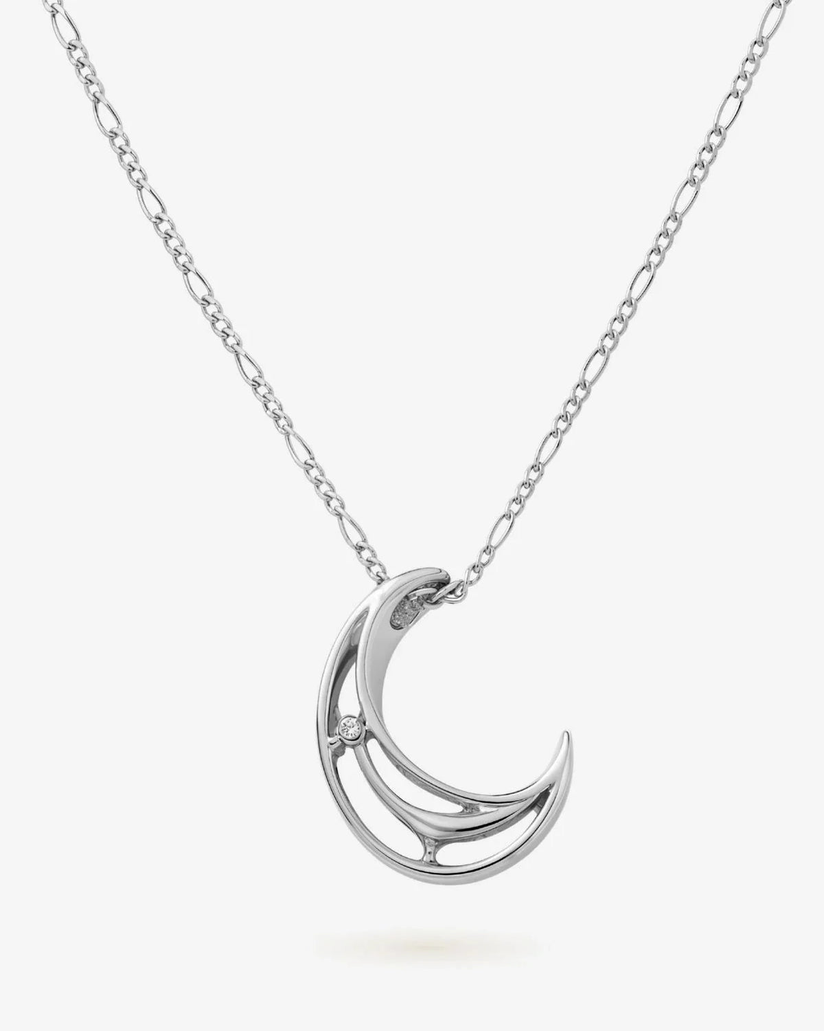 C सी Initial Necklace in polished silver-tone metal, featuring an open crescent-shaped C pendant with a small clear stone.