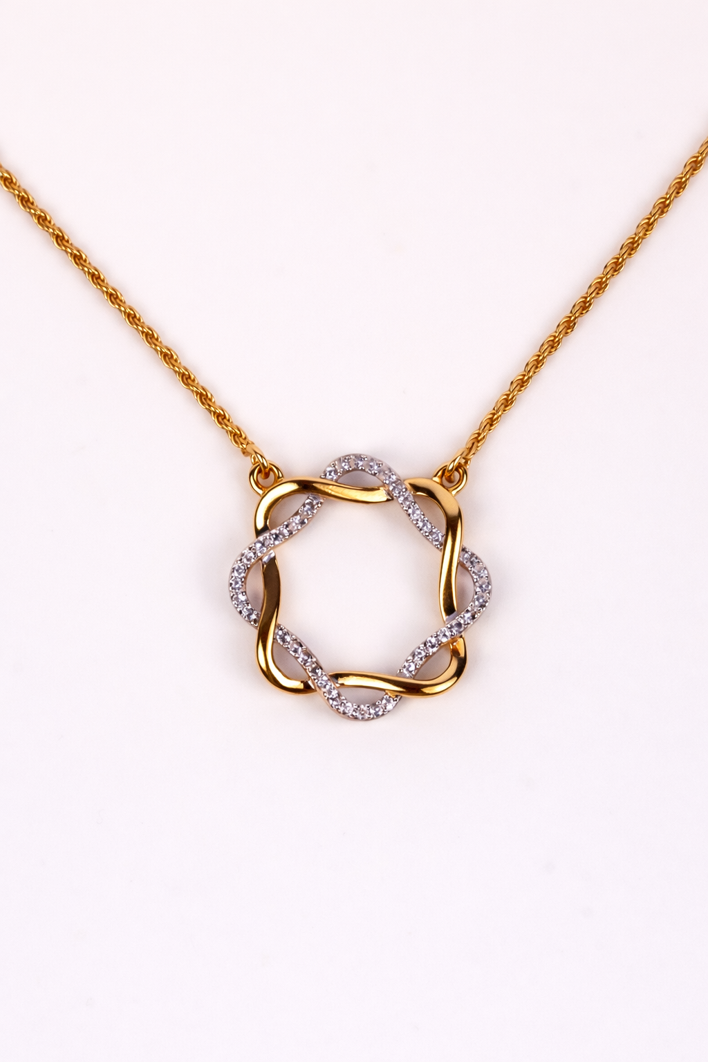 Mandala Necklace with white topaz stones in a circular, modern, and balanced design