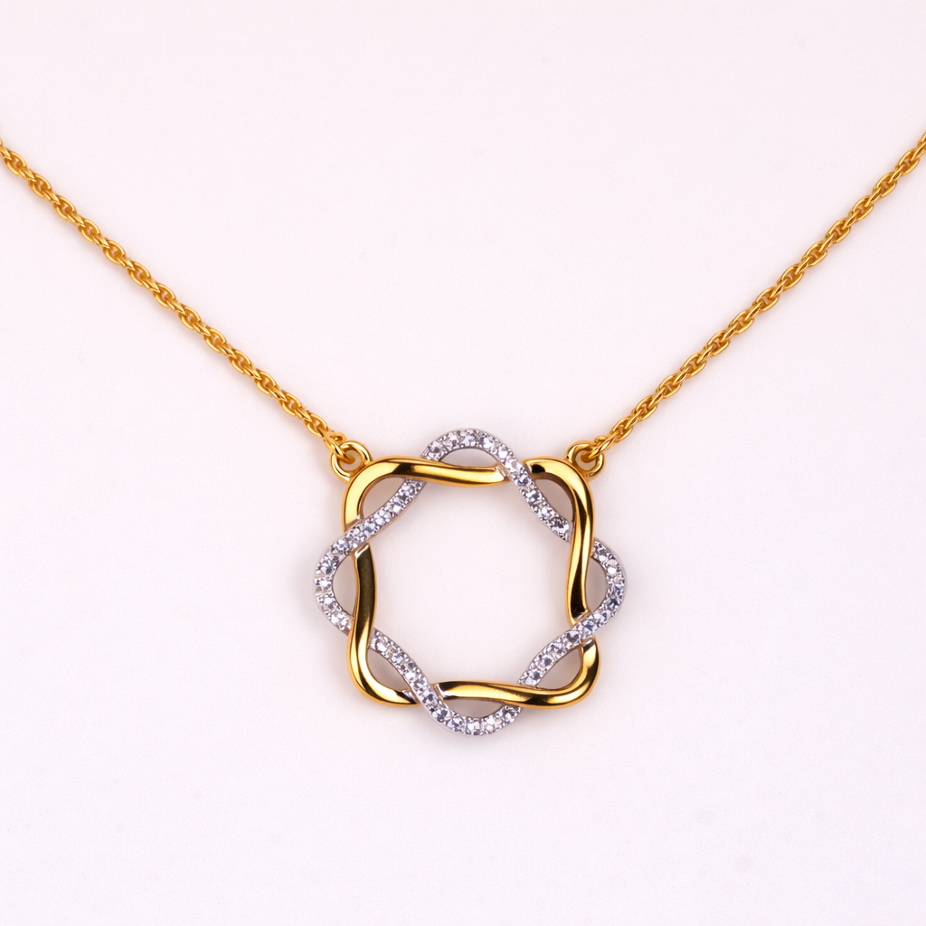 Mandala Necklace featuring white topaz stones in a modern circular design for balance and harmony