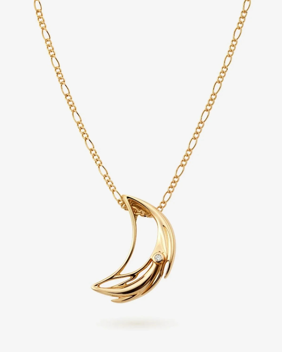 D डी Initial Necklace in polished gold-tone metal, featuring a sculptural curved letter D pendant with a small clear stone.